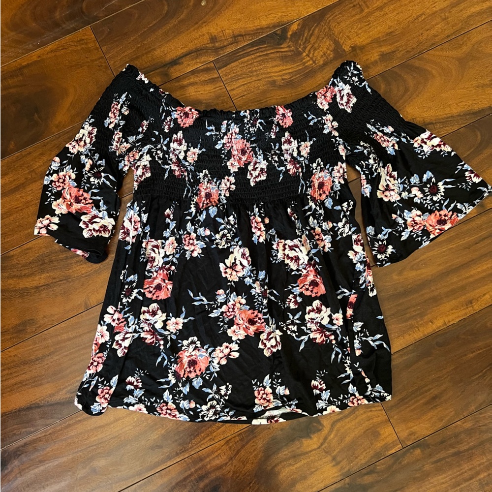 Rewind Black and Pink Smocked Ruffled Blouse